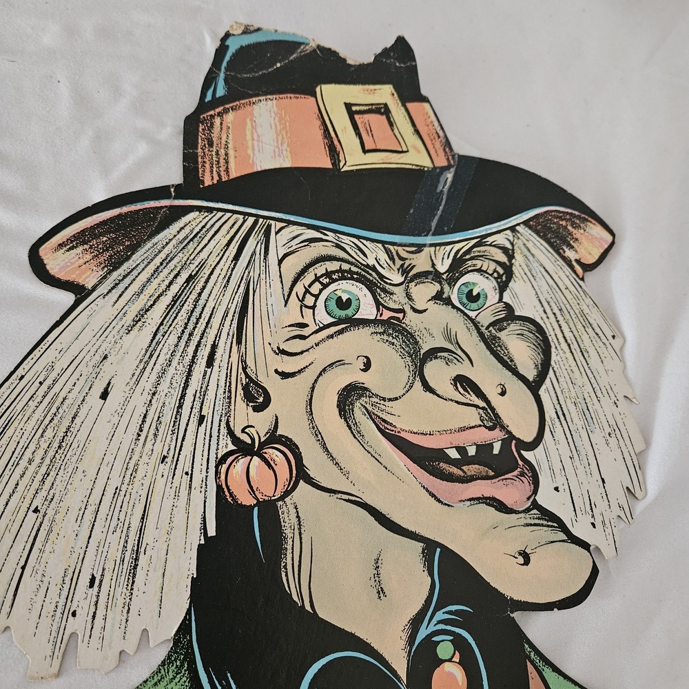 Vintage Original Die Cut 58" Jointed Halloween Witch by Beistle Ripped Hat Skull - Picture 5 of 16